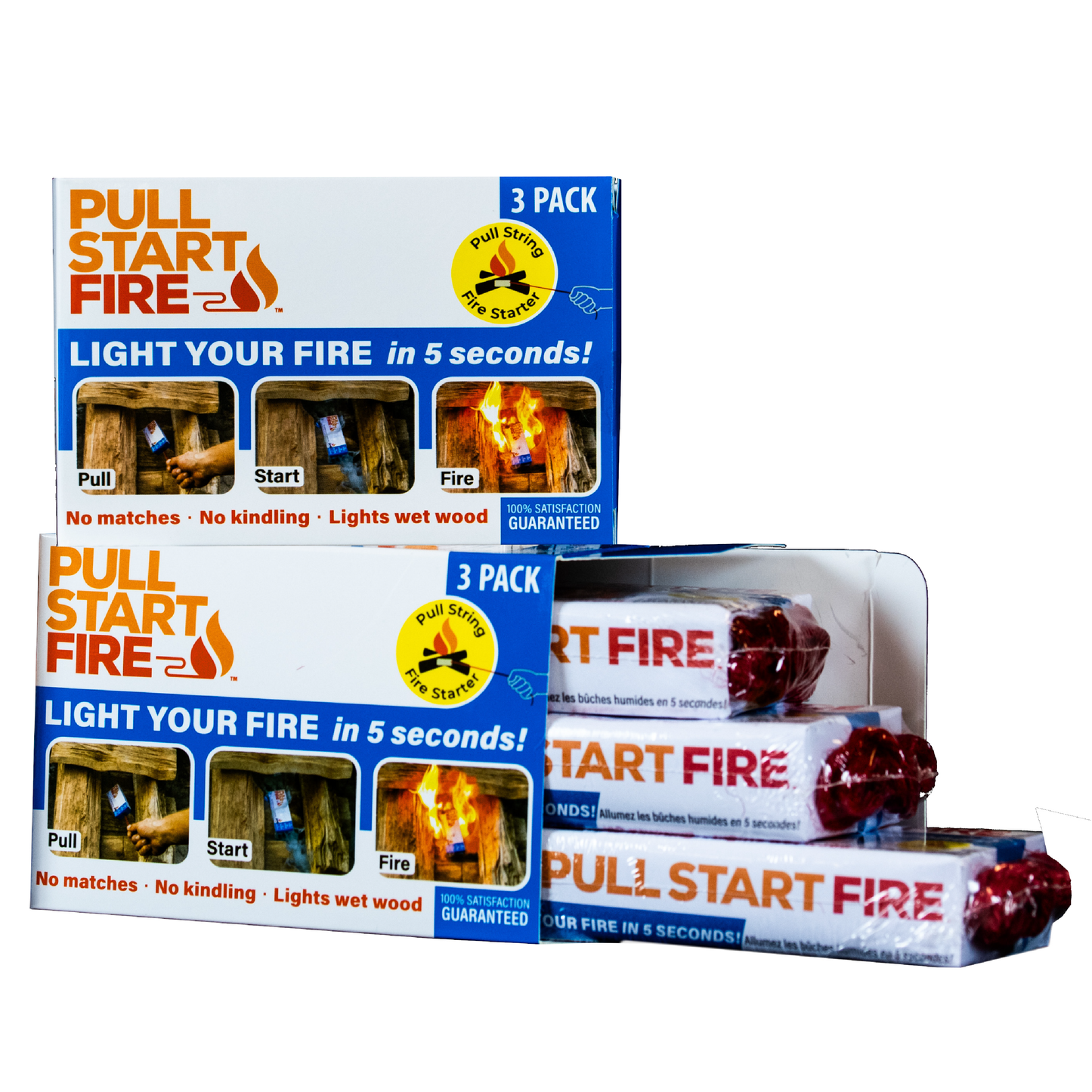 
                  
                    Two packs of three Pull Start Fire fire starters shown in branded box for purchase from Amazon or retailers
                  
                
