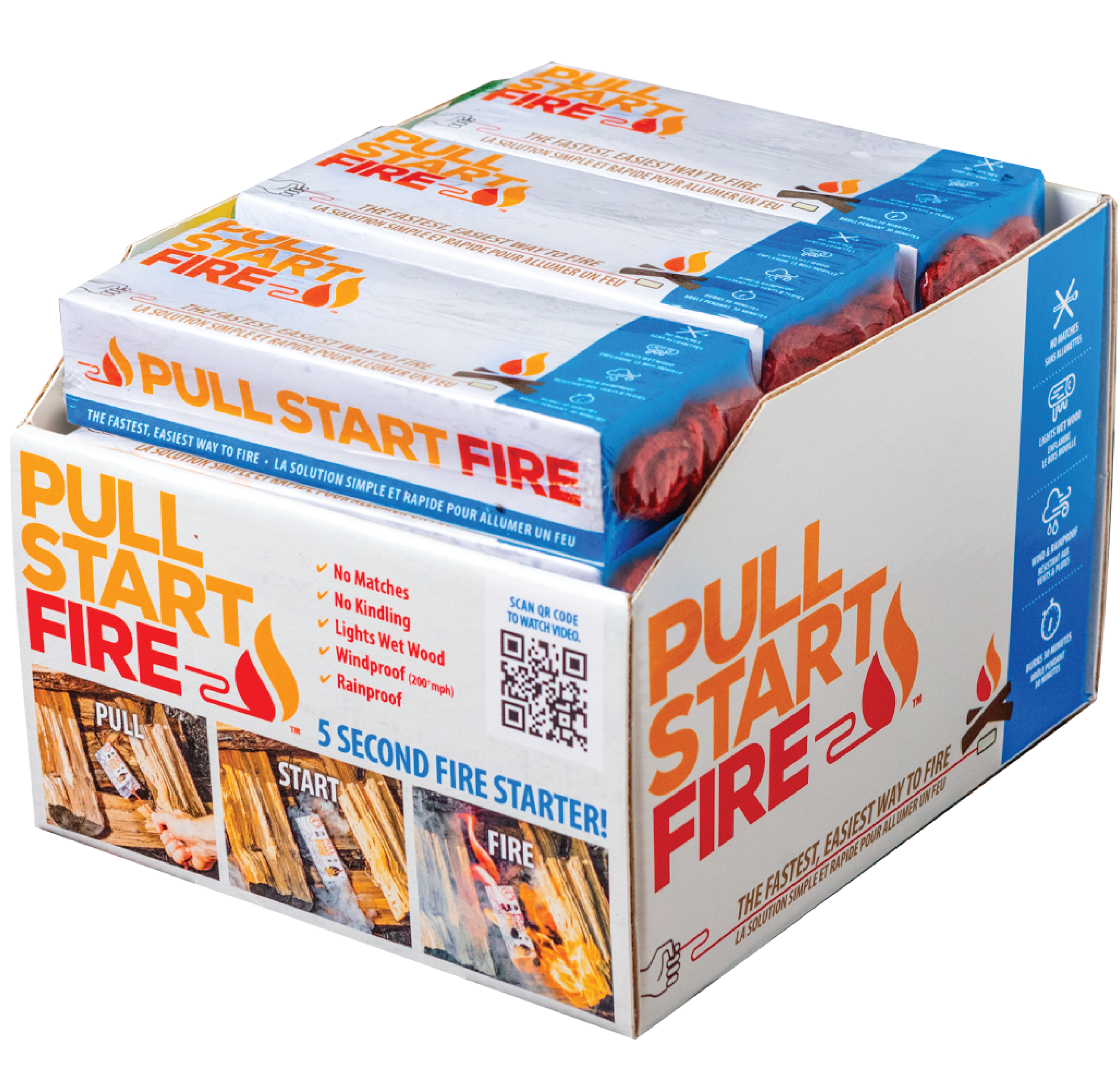 Box of Pull Start Fire fire starters with multiple packages inside.