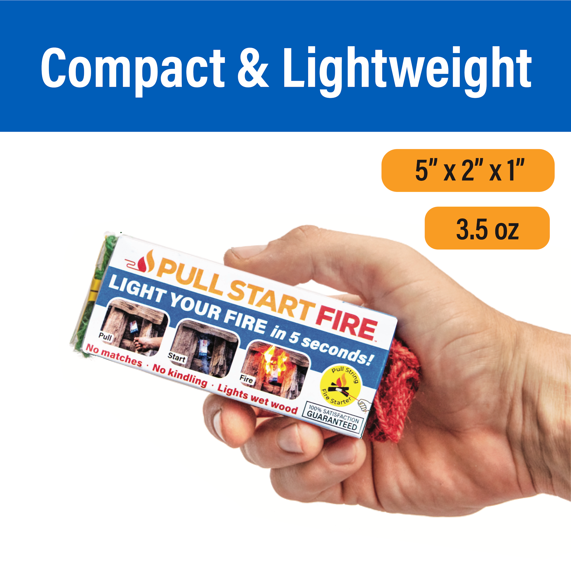 Hand holding a fire starter package with text 'Compact & Lightweight' and dimensions.