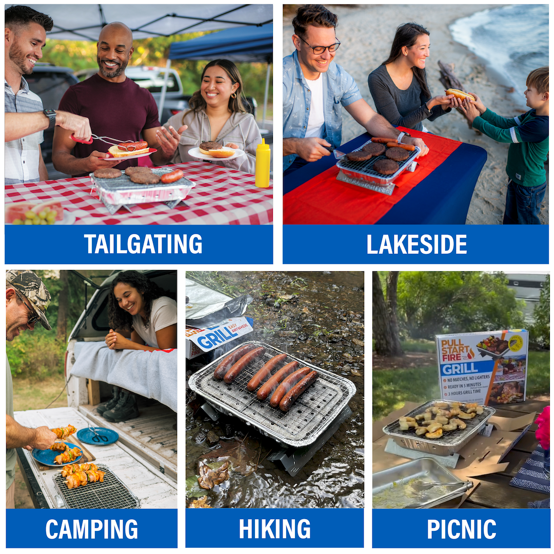 Collage of people grilling on a Pull Start Fire grill in various scenes labeled 'Tailgating', 'Lakeside', 'Camping', 'Hiking', and 'Picnic'.