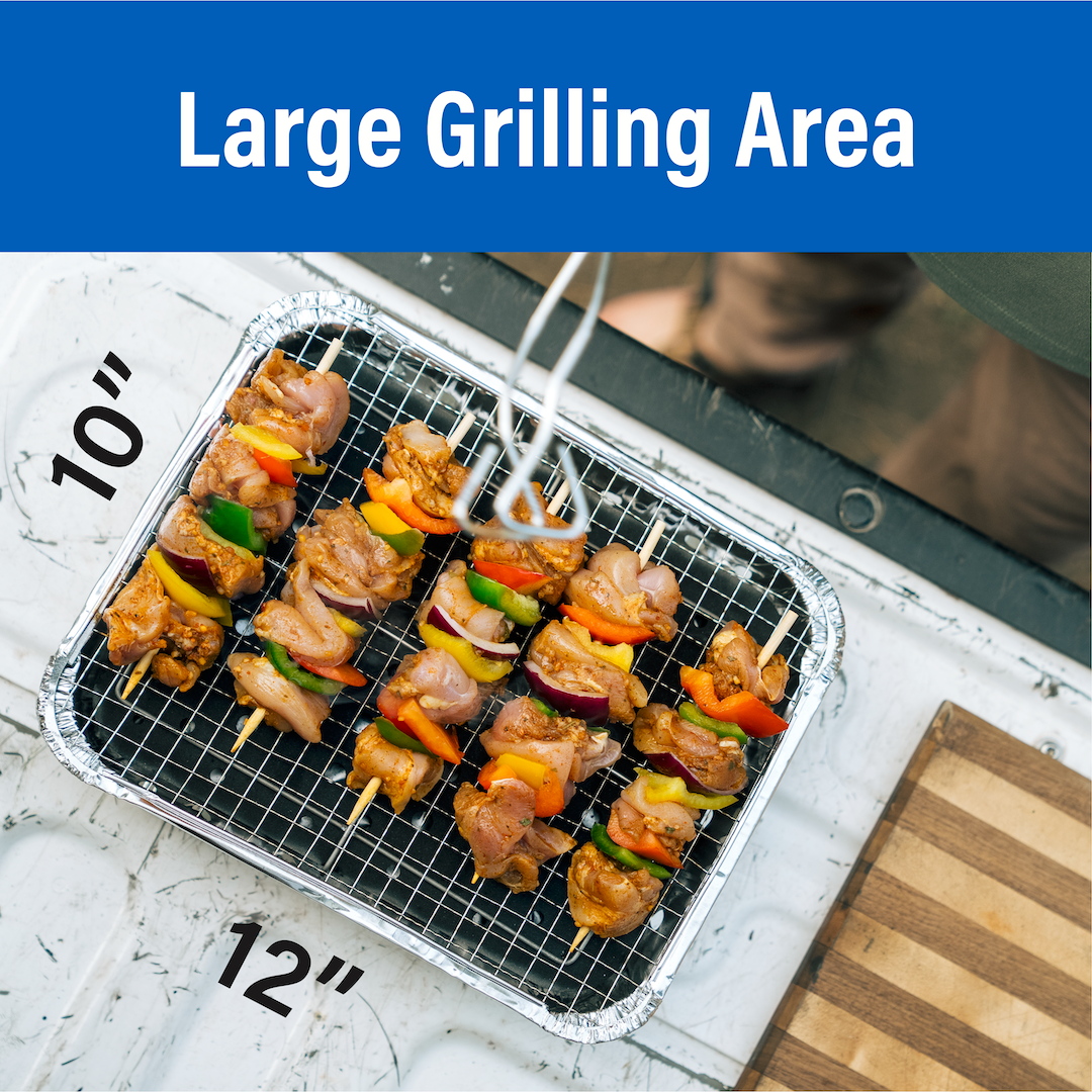 Meat skewers on a disposable charcoal grill displaying grill area size: 10"x12"