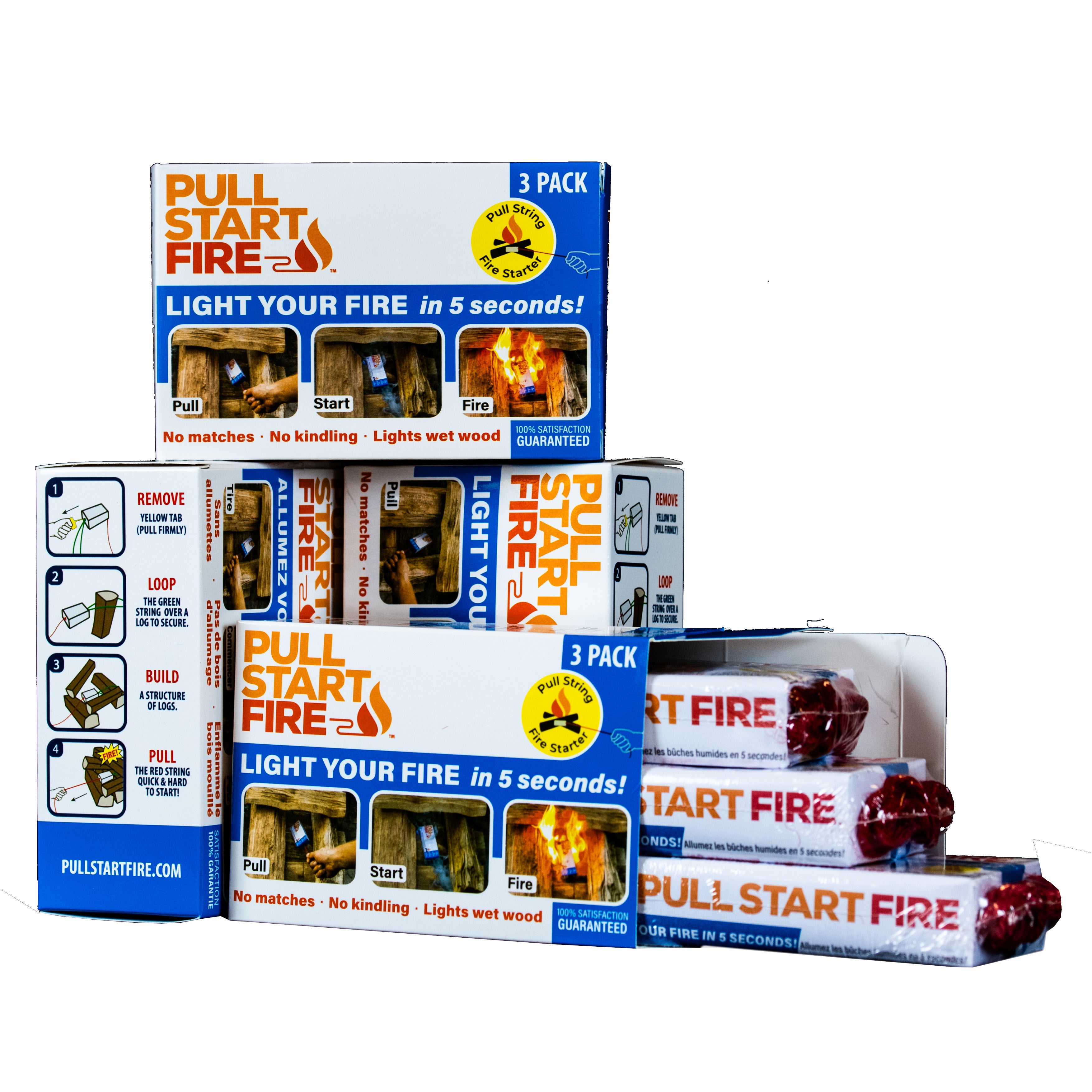 A 12-pack of Pull Start Fire fire starters for logs, wood, barbeques, and more with instructions on the side of one box.