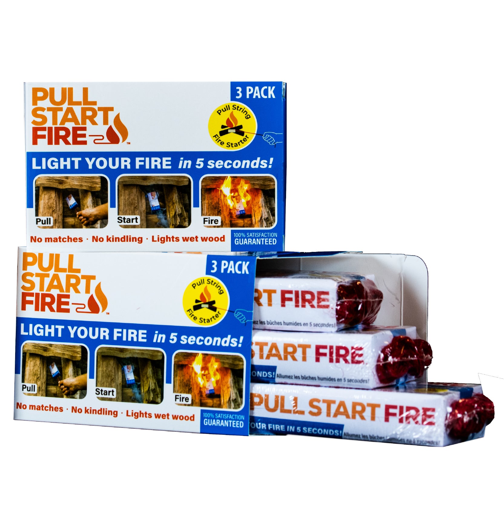 Two 3-pack boxes of Pull Start Fire fire starters for camping, barbeques, and more.