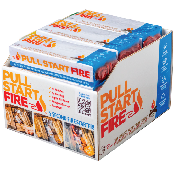 Multiple fire starters in a white display box with QR code and product information.