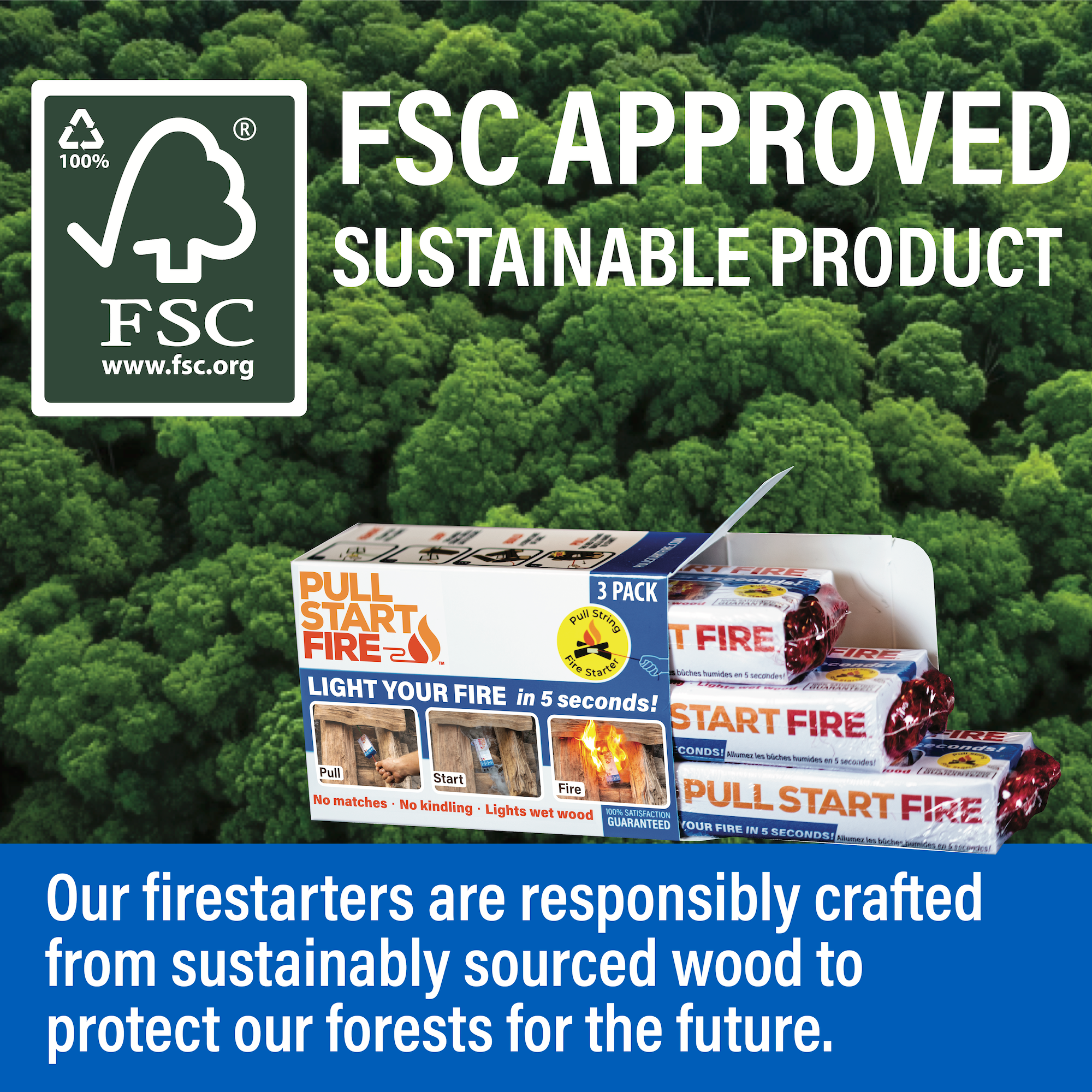 Log fire starters with FSC logo and text about sustainable wood sourcing in front of a forest background.
