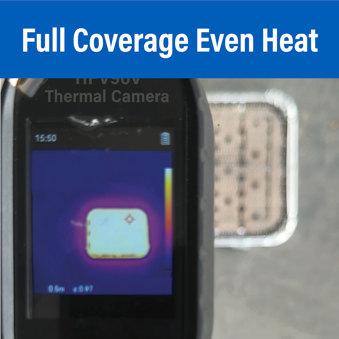 Thermal camera displaying 'Full Coverage Even Heat' with a close-up of a thermal image on a blue background.
