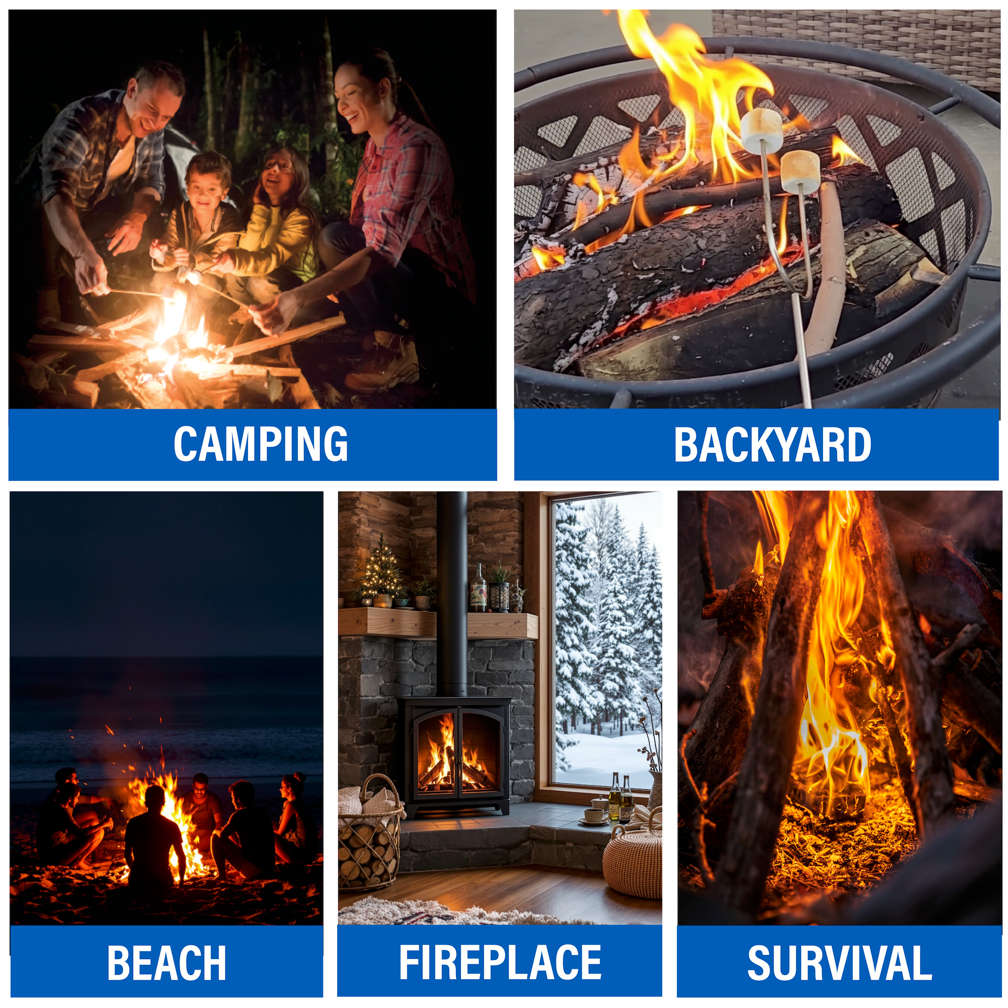 Collage of people around fires in various settings including camping, backyard, beach, fireplace, and survival scenarios.