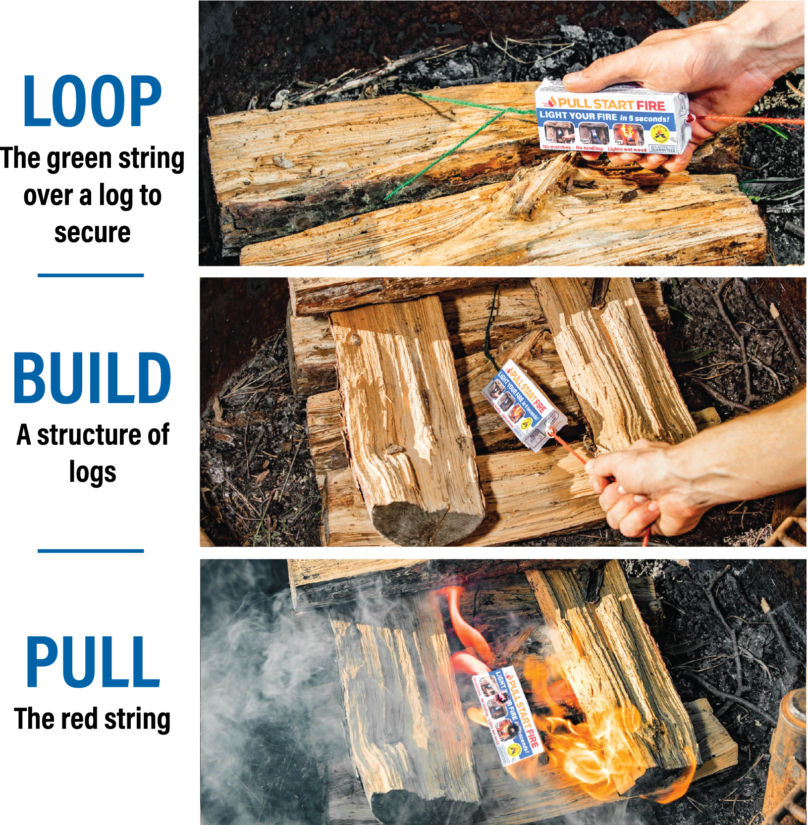 Step-by-step guide on using a log firestarter. 1. Loop green string over a log to secure. 2. Build a structure of logs. 3. Pull the red string.