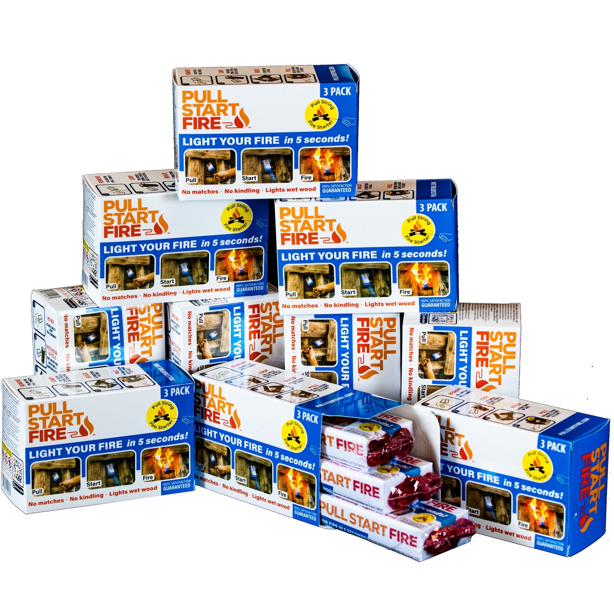 Multiple boxes of fire starters on a white background.