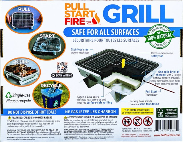 
                  
                    Back of Pull Start Fire Grill packaging showing features and setup instructions
                  
                