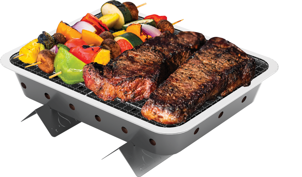 
                  
                    Pull Start Fire portable grill cooking burgers and hot dogs outdoors on charcoal
                  
                