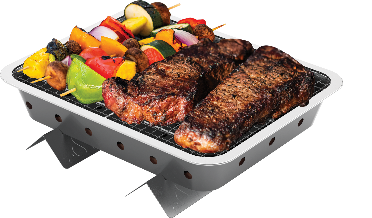 
                  
                    Pull Start Fire portable grill cooking burgers and hot dogs outdoors on charcoal
                  
                