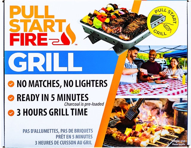 
                  
                    Front of Pull Start Fire Grill package highlighting matchless technology and 3-hour cook time
                  
                