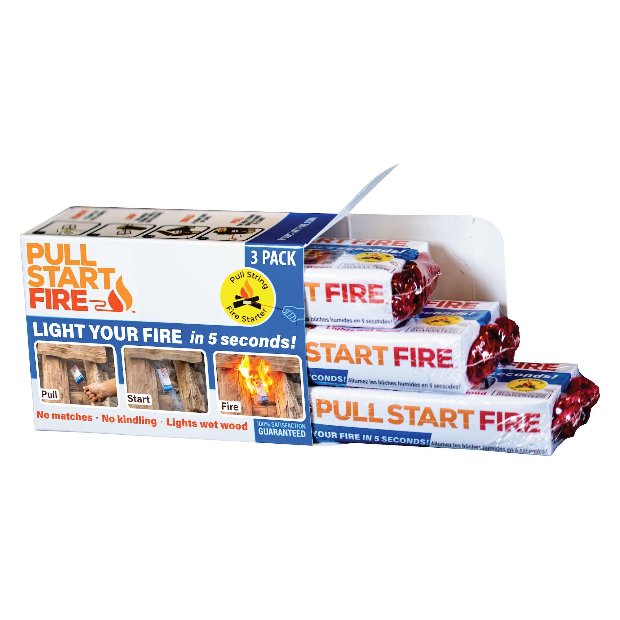Open Pull Start Fire box with three fire starters inside individual packaging.