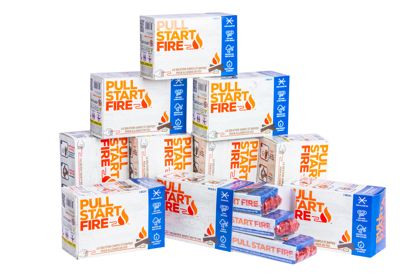 
                  
                    Multiple Pull Start Fire fire starter boxes stacked in a product display with open packaging showing red pull string bricks
                  
                