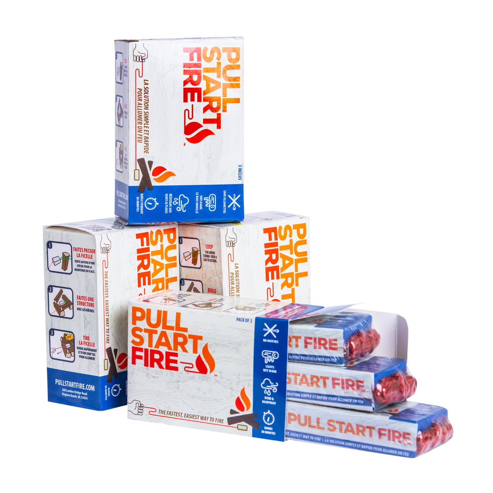 
                  
                    Order of 12 Pull Start Fire starters shown in branded box for purchase from Amazon or retailers
                  
                