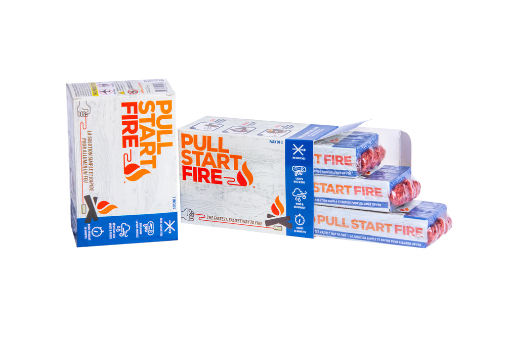 
                  
                    Two packs of three Pull Start Fire starters shown in branded box for purchase from Amazon or retailers
                  
                