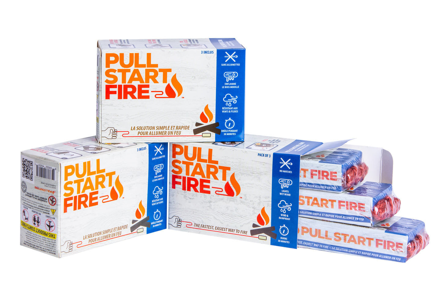 
                  
                    3 packs of three Pull Start Fire starters shown in branded box for purchase from Amazon or retailers
                  
                