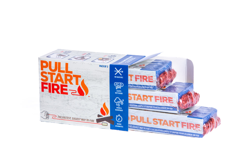 Pack of three Pull Start Fire starters shown in branded box for purchase from Amazon or retailers