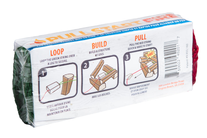 
                  
                    Back of Pull Start Fire firestarter package showing ignition instructions and product details
                  
                